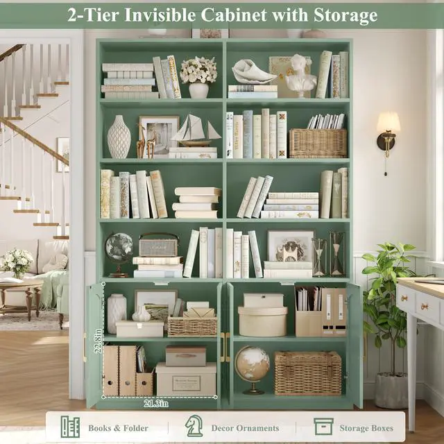 Alt view image 6 of 6 - Bookshelf and Bookcase with Doors, 6 Tier Double Wide Large Bookshelves, Open Display Shelves, 73'' Tall Bookshelf with Storage Cabinets for Home Office, Living Room, Library, Green
