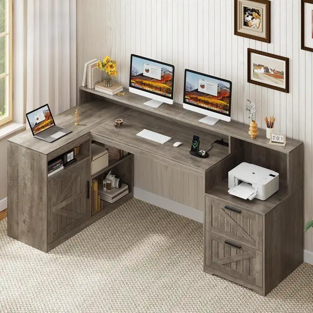 Main image of Farmhouse L Shaped Desk with Drawers, 62.2" Home Office Desk with Storage Shelves and Power Outlet, L Shaped Computer Desk with Monitor Stand and Printer Shelf, Gray