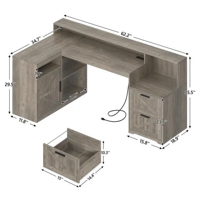 Alt view image 2 of 6 - Farmhouse L Shaped Desk with Drawers, 62.2" Home Office Desk with Storage Shelves and Power Outlet, L Shaped Computer Desk with Monitor Stand and Printer Shelf, Gray