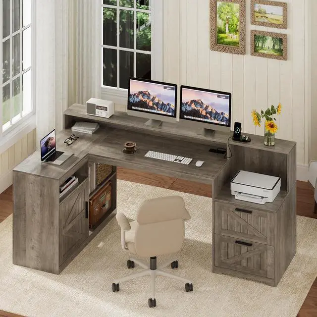 Alt view image 3 of 6 - Farmhouse L Shaped Desk with Drawers, 62.2" Home Office Desk with Storage Shelves and Power Outlet, L Shaped Computer Desk with Monitor Stand and Printer Shelf, Gray