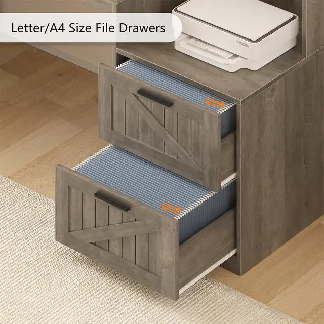 Alt view image 5 of 6 - Farmhouse L Shaped Desk with Drawers, 62.2" Home Office Desk with Storage Shelves and Power Outlet, L Shaped Computer Desk with Monitor Stand and Printer Shelf, Gray