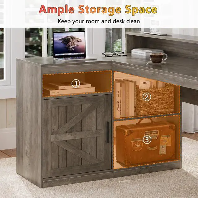 Alt view image 6 of 6 - Farmhouse L Shaped Desk with Drawers, 62.2" Home Office Desk with Storage Shelves and Power Outlet, L Shaped Computer Desk with Monitor Stand and Printer Shelf, Gray