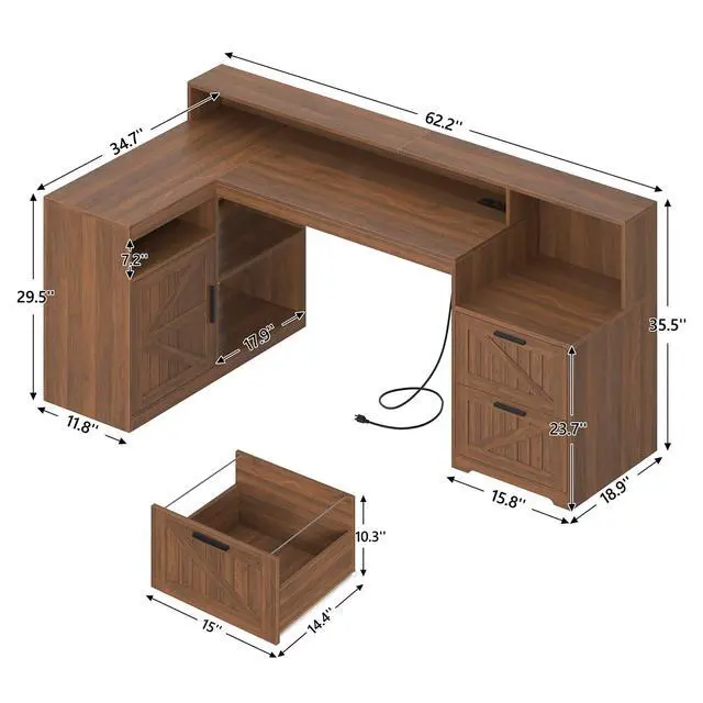 Alt view image 2 of 6 - Farmhouse L Shaped Desk with Drawers, 62.2" Home Office Desk with Storage Shelves and Power Outlet, L Shaped Computer Desk with Monitor Stand and Printer Shelf, Brown