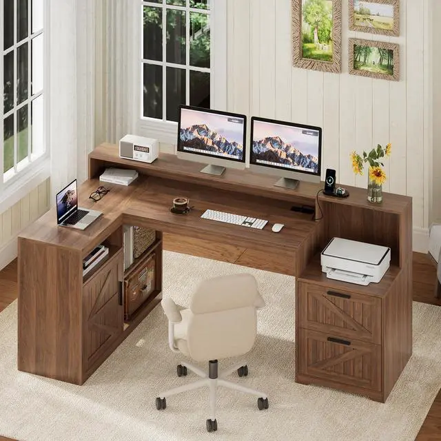 Alt view image 3 of 6 - Farmhouse L Shaped Desk with Drawers, 62.2" Home Office Desk with Storage Shelves and Power Outlet, L Shaped Computer Desk with Monitor Stand and Printer Shelf, Brown