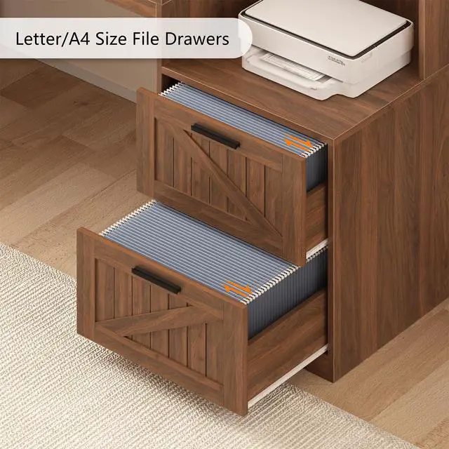 Alt view image 5 of 6 - Farmhouse L Shaped Desk with Drawers, 62.2" Home Office Desk with Storage Shelves and Power Outlet, L Shaped Computer Desk with Monitor Stand and Printer Shelf, Brown
