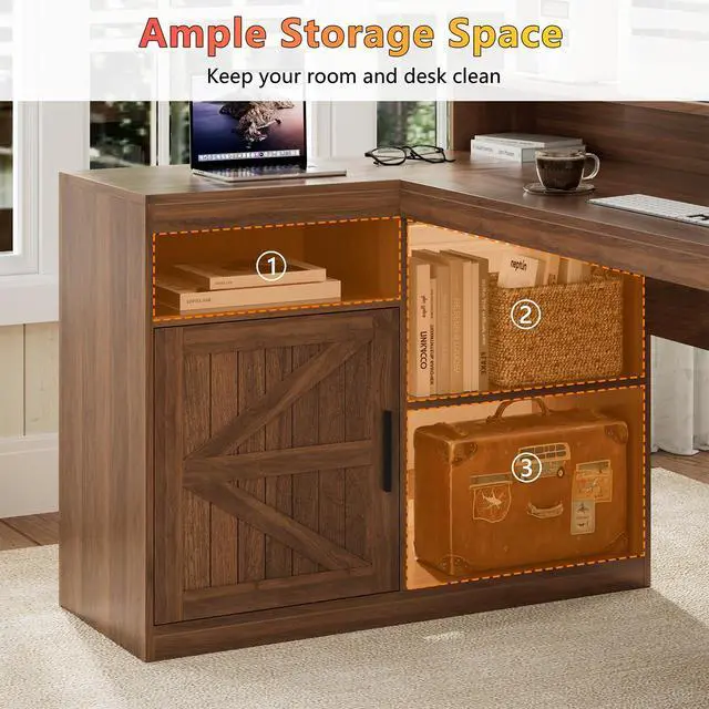 Alt view image 6 of 6 - Farmhouse L Shaped Desk with Drawers, 62.2" Home Office Desk with Storage Shelves and Power Outlet, L Shaped Computer Desk with Monitor Stand and Printer Shelf, Brown