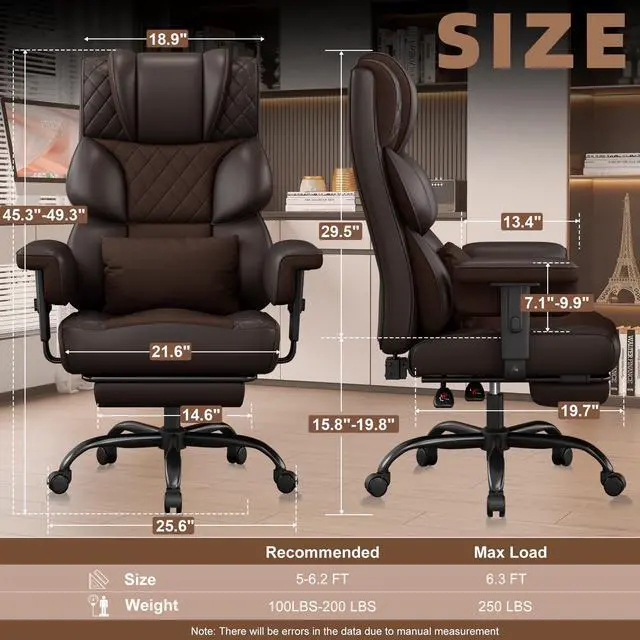 Alt view image 2 of 6 - Big and Tall Office Chair, Desk Chair with Soft Adjustable Armrests, Ergonomic High Back Gaming Chair with Lumbar Support, Executive Computer Chairs with Footrest (PU Leather, Brown)