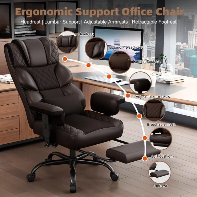 Alt view image 3 of 6 - Big and Tall Office Chair, Desk Chair with Soft Adjustable Armrests, Ergonomic High Back Gaming Chair with Lumbar Support, Executive Computer Chairs with Footrest (PU Leather, Brown)