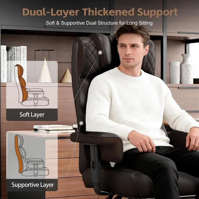 Alt view image 5 of 6 - Big and Tall Office Chair, Desk Chair with Soft Adjustable Armrests, Ergonomic High Back Gaming Chair with Lumbar Support, Executive Computer Chairs with Footrest (PU Leather, Brown)