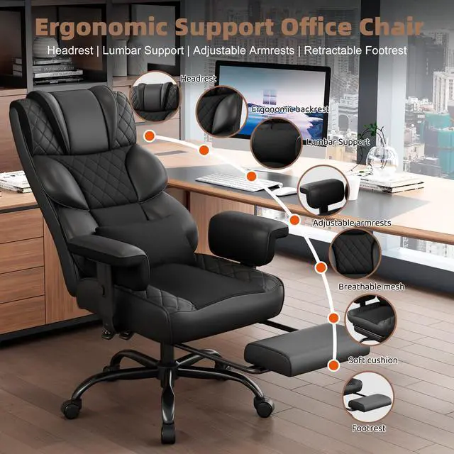 Alt view image 3 of 6 - Big and Tall Office Chair, Desk Chair with Soft Adjustable Armrests, Ergonomic High Back Gaming Chair with Lumbar Support, Executive Computer Chairs with Footrest (PU Leather, Black)