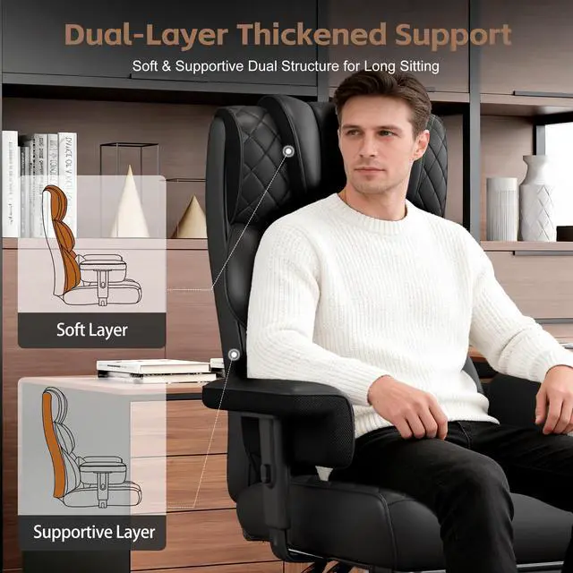 Alt view image 5 of 6 - Big and Tall Office Chair, Desk Chair with Soft Adjustable Armrests, Ergonomic High Back Gaming Chair with Lumbar Support, Executive Computer Chairs with Footrest (PU Leather, Black)
