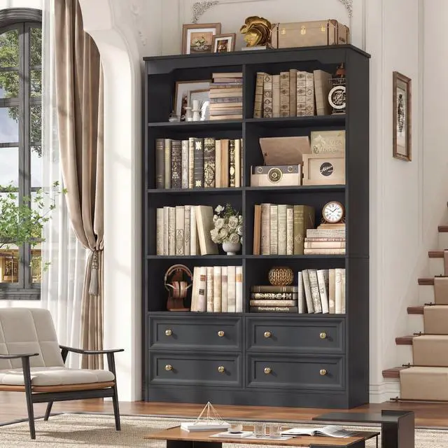 Main image of 71" Black Bookshelf with 4 Drawers, 6-Tier Double Wide Bookshelves and Bookcases with Storage, Tall Bookshelf Large Open Bookshelves Standing Book Cabinet for Home Office, Black