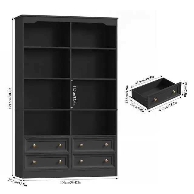 Alt view image 2 of 6 - 71" Black Bookshelf with 4 Drawers, 6-Tier Double Wide Bookshelves and Bookcases with Storage, Tall Bookshelf Large Open Bookshelves Standing Book Cabinet for Home Office, Black