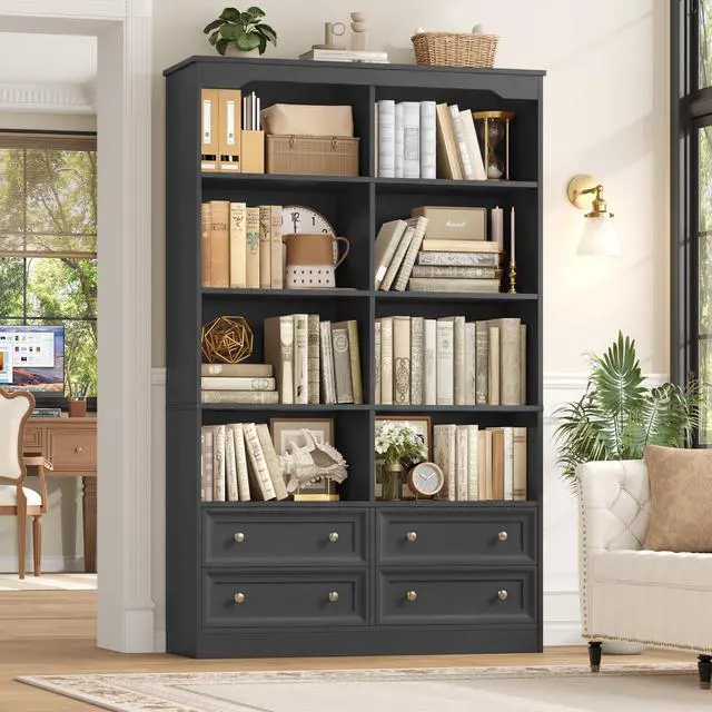 Alt view image 3 of 6 - 71" Black Bookshelf with 4 Drawers, 6-Tier Double Wide Bookshelves and Bookcases with Storage, Tall Bookshelf Large Open Bookshelves Standing Book Cabinet for Home Office, Black