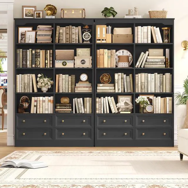 Alt view image 4 of 6 - 71" Black Bookshelf with 4 Drawers, 6-Tier Double Wide Bookshelves and Bookcases with Storage, Tall Bookshelf Large Open Bookshelves Standing Book Cabinet for Home Office, Black