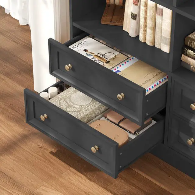 Alt view image 5 of 6 - 71" Black Bookshelf with 4 Drawers, 6-Tier Double Wide Bookshelves and Bookcases with Storage, Tall Bookshelf Large Open Bookshelves Standing Book Cabinet for Home Office, Black