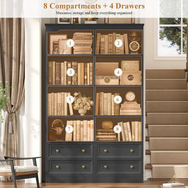Alt view image 6 of 6 - 71" Black Bookshelf with 4 Drawers, 6-Tier Double Wide Bookshelves and Bookcases with Storage, Tall Bookshelf Large Open Bookshelves Standing Book Cabinet for Home Office, Black