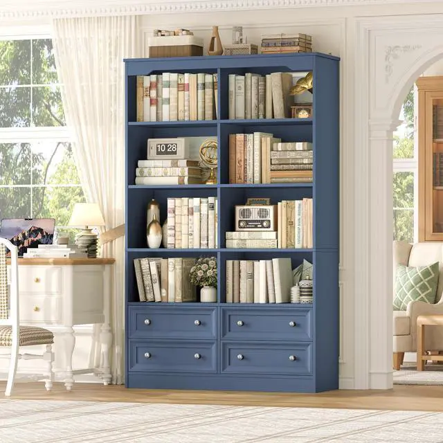 Main image of 71" Tall Bookshelf with 4 Drawers, 6-Tier Double Wide Bookshelves and Bookcases with Storage, Blue Bookshelf Large Open Bookshelves Standing Book Cabinet for Home Office