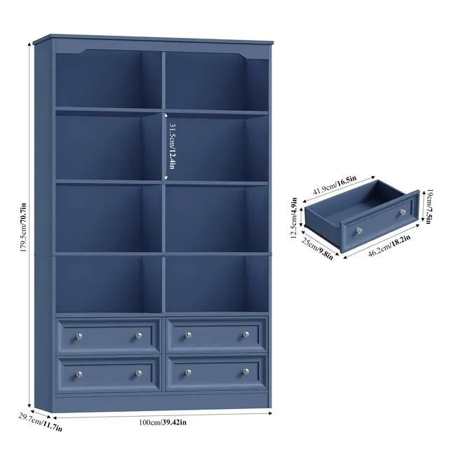 Alt view image 2 of 6 - 71" Tall Bookshelf with 4 Drawers, 6-Tier Double Wide Bookshelves and Bookcases with Storage, Blue Bookshelf Large Open Bookshelves Standing Book Cabinet for Home Office