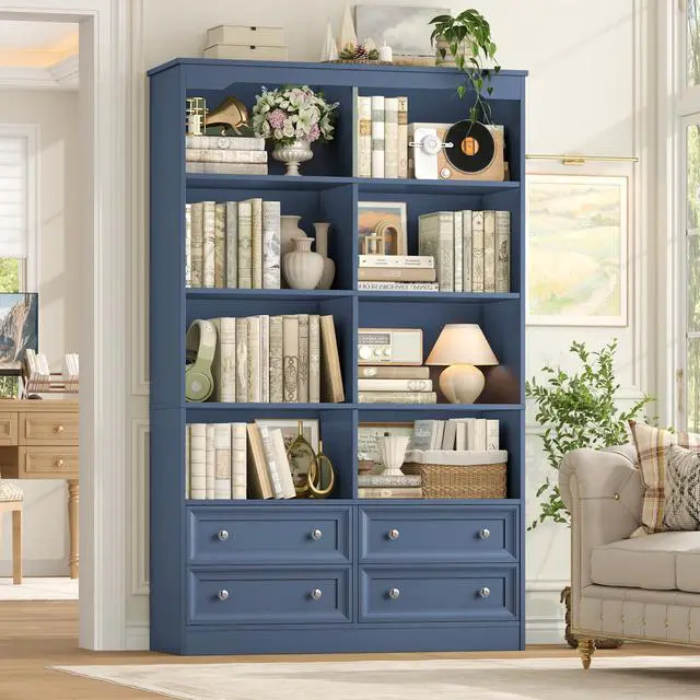Alt view image 3 of 6 - 71" Tall Bookshelf with 4 Drawers, 6-Tier Double Wide Bookshelves and Bookcases with Storage, Blue Bookshelf Large Open Bookshelves Standing Book Cabinet for Home Office