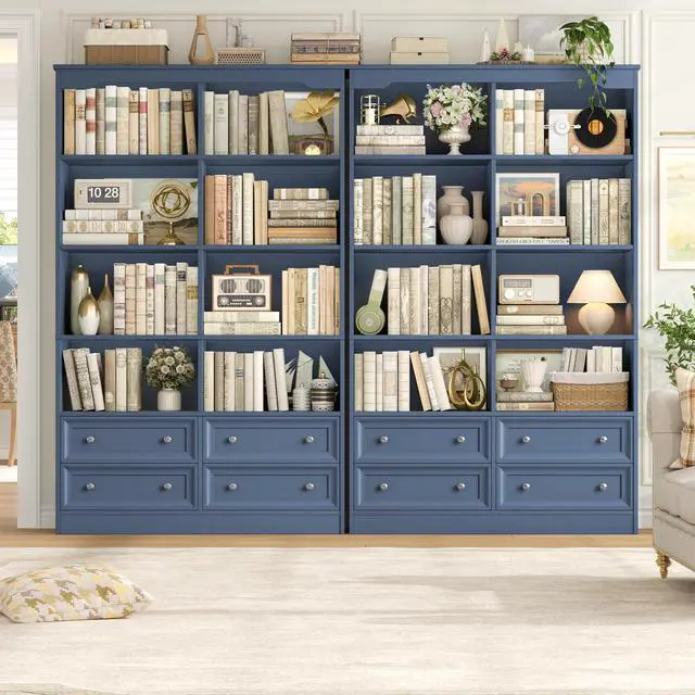 Alt view image 4 of 6 - 71" Tall Bookshelf with 4 Drawers, 6-Tier Double Wide Bookshelves and Bookcases with Storage, Blue Bookshelf Large Open Bookshelves Standing Book Cabinet for Home Office