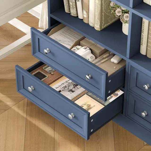 Alt view image 5 of 6 - 71" Tall Bookshelf with 4 Drawers, 6-Tier Double Wide Bookshelves and Bookcases with Storage, Blue Bookshelf Large Open Bookshelves Standing Book Cabinet for Home Office