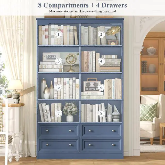 Alt view image 6 of 6 - 71" Tall Bookshelf with 4 Drawers, 6-Tier Double Wide Bookshelves and Bookcases with Storage, Blue Bookshelf Large Open Bookshelves Standing Book Cabinet for Home Office