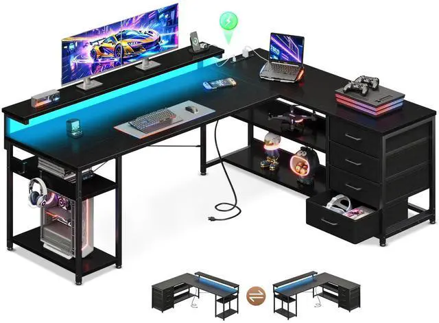 Main image of 61" L Shaped Desk with Drawer, Computer Desk with Power Outlets & LED Lights, Reversible Corner Gaming Desk for Home Office Workstation, Office Desk with Monitor Shelf, Pure Black
