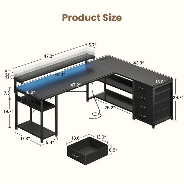 Alt view image 2 of 5 - 61" L Shaped Desk with Drawer, Computer Desk with Power Outlets & LED Lights, Reversible Corner Gaming Desk for Home Office Workstation, Office Desk with Monitor Shelf, Pure Black