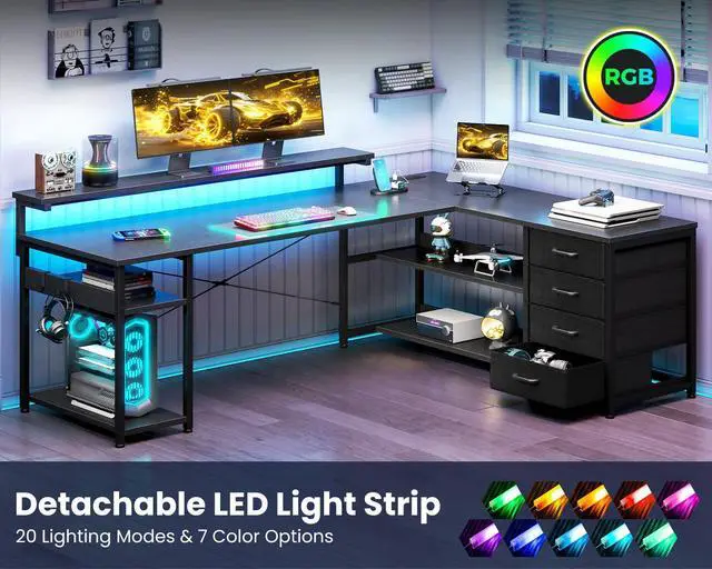 Alt view image 3 of 5 - 61" L Shaped Desk with Drawer, Computer Desk with Power Outlets & LED Lights, Reversible Corner Gaming Desk for Home Office Workstation, Office Desk with Monitor Shelf, Pure Black