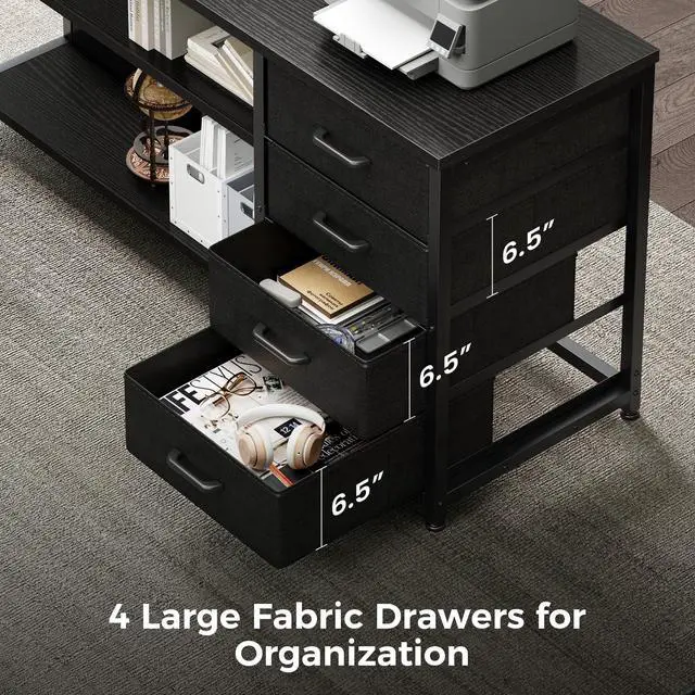 Alt view image 4 of 5 - 61" L Shaped Desk with Drawer, Computer Desk with Power Outlets & LED Lights, Reversible Corner Gaming Desk for Home Office Workstation, Office Desk with Monitor Shelf, Pure Black
