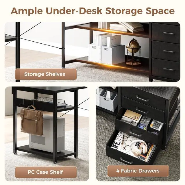 Alt view image 5 of 5 - 61" L Shaped Desk with Drawer, Computer Desk with Power Outlets & LED Lights, Reversible Corner Gaming Desk for Home Office Workstation, Office Desk with Monitor Shelf, Pure Black