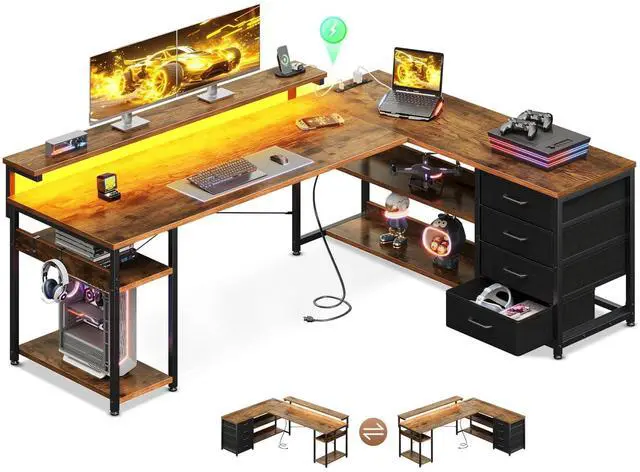 Main image of 61" L Shaped Desk with Drawer, Computer Desk with Power Outlets & LED Lights, Reversible Corner Gaming Desks for Home Office Workstation, Office Table with Monitor Shelf, Vintage
