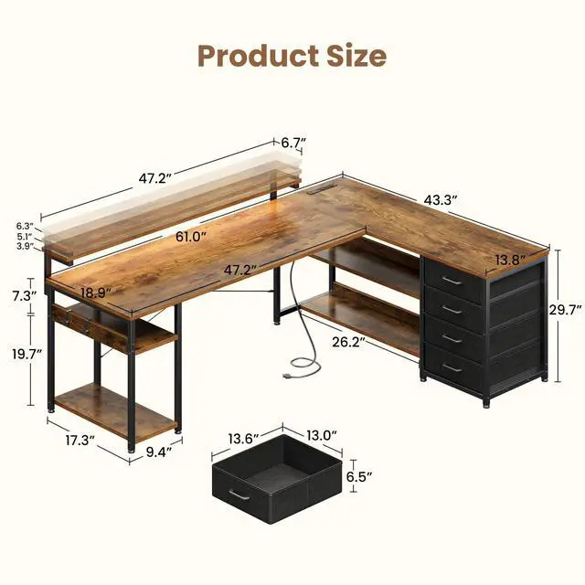 Alt view image 3 of 6 - 61" L Shaped Desk with Drawer, Computer Desk with Power Outlets & LED Lights, Reversible Corner Gaming Desks for Home Office Workstation, Office Table with Monitor Shelf, Vintage