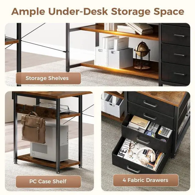 Alt view image 5 of 6 - 61" L Shaped Desk with Drawer, Computer Desk with Power Outlets & LED Lights, Reversible Corner Gaming Desks for Home Office Workstation, Office Table with Monitor Shelf, Vintage