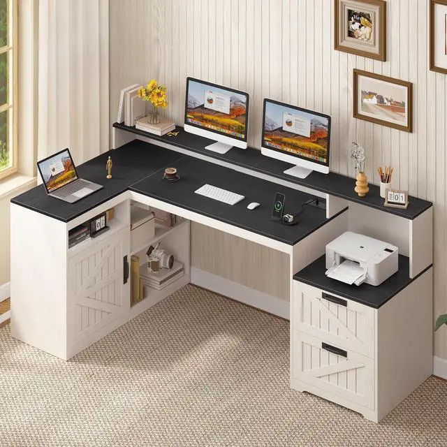Main image of Farmhouse L Shaped Desk with Drawers, 62.2" Home Office Desk with Storage Shelves and Power Outlet, L Shaped Computer Desk with Monitor Stand and Printer Shelf, Black and White