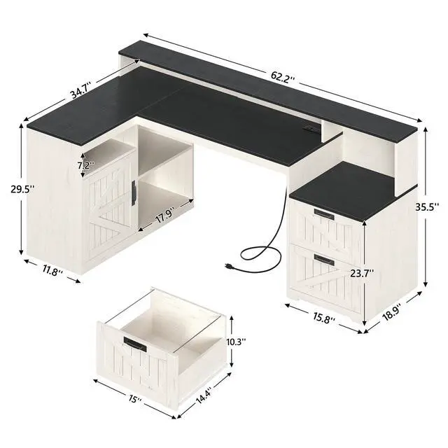Alt view image 2 of 6 - Farmhouse L Shaped Desk with Drawers, 62.2" Home Office Desk with Storage Shelves and Power Outlet, L Shaped Computer Desk with Monitor Stand and Printer Shelf, Black and White