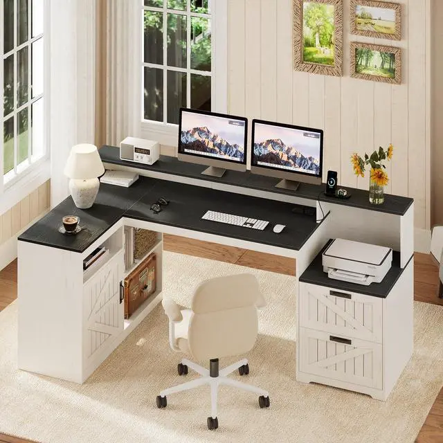 Alt view image 3 of 6 - Farmhouse L Shaped Desk with Drawers, 62.2" Home Office Desk with Storage Shelves and Power Outlet, L Shaped Computer Desk with Monitor Stand and Printer Shelf, Black and White
