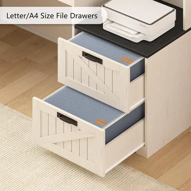 Alt view image 5 of 6 - Farmhouse L Shaped Desk with Drawers, 62.2" Home Office Desk with Storage Shelves and Power Outlet, L Shaped Computer Desk with Monitor Stand and Printer Shelf, Black and White