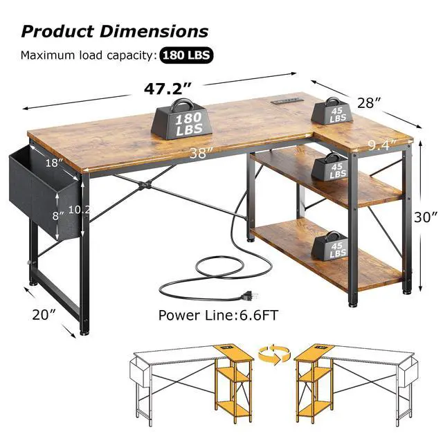 Alt view image 2 of 6 - Office Desk with Outlet,Power Home Office & Study Electronic Gear | Reliable Power Supply for Study & Electronic Device,Reversible Shelves & Side Bag,Convenience for Small Space, Black