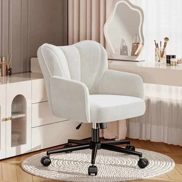 Main image of Vanity Chair with Wheels & White Adjustable Height Makeup Chair, Plush Velvet Seat with Curved Backrest for Women, Girls, Bedroom Vanity & Desk, White
