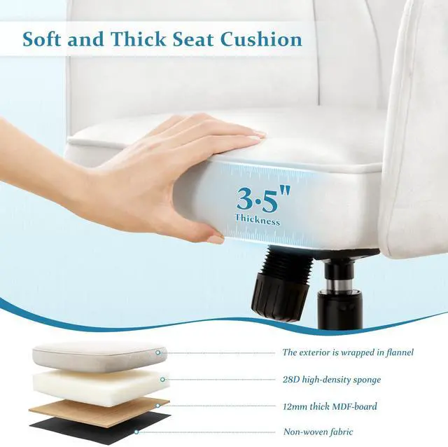 Alt view image 2 of 4 - Vanity Chair with Wheels & White Adjustable Height Makeup Chair, Plush Velvet Seat with Curved Backrest for Women, Girls, Bedroom Vanity & Desk, White