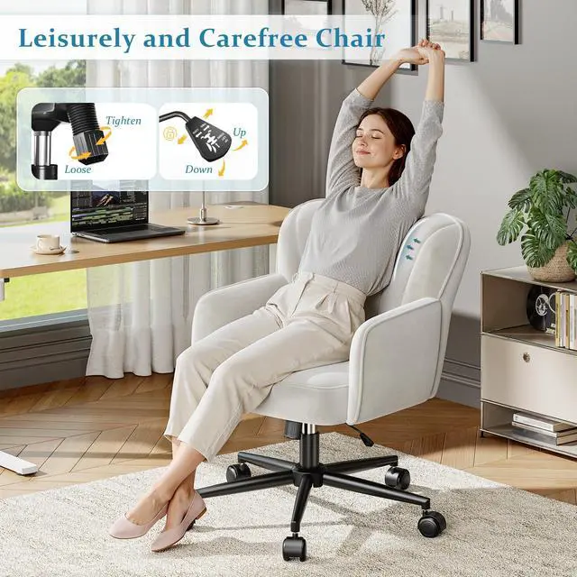 Alt view image 3 of 4 - Vanity Chair with Wheels & White Adjustable Height Makeup Chair, Plush Velvet Seat with Curved Backrest for Women, Girls, Bedroom Vanity & Desk, White