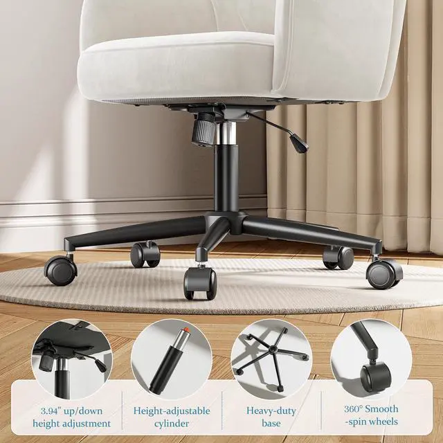 Alt view image 4 of 4 - Vanity Chair with Wheels & White Adjustable Height Makeup Chair, Plush Velvet Seat with Curved Backrest for Women, Girls, Bedroom Vanity & Desk, White