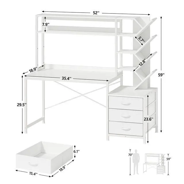 Alt view image 2 of 6 - Reversible Computer Desk with Hutch, Home Office Desk with Drawers and Bookshelf, 52'' Study Writing Desk with Storage Shelves for Bedroom Home Office, White