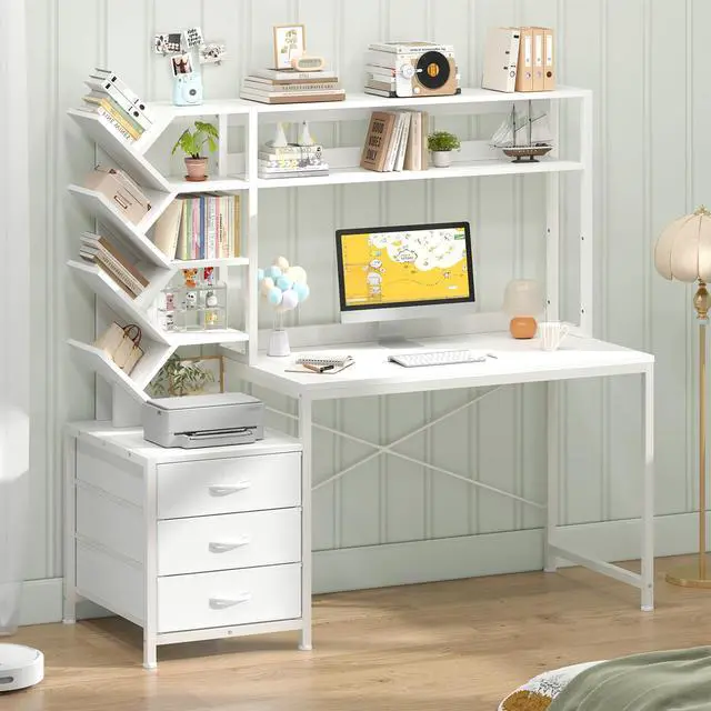 Alt view image 3 of 6 - Reversible Computer Desk with Hutch, Home Office Desk with Drawers and Bookshelf, 52'' Study Writing Desk with Storage Shelves for Bedroom Home Office, White