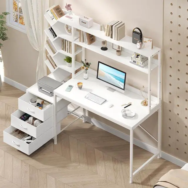 Alt view image 4 of 6 - Reversible Computer Desk with Hutch, Home Office Desk with Drawers and Bookshelf, 52'' Study Writing Desk with Storage Shelves for Bedroom Home Office, White
