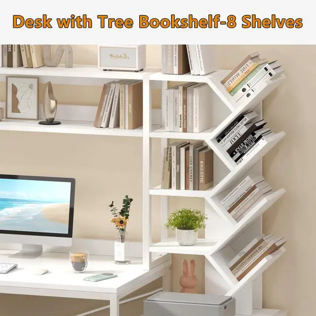 Alt view image 5 of 6 - Reversible Computer Desk with Hutch, Home Office Desk with Drawers and Bookshelf, 52'' Study Writing Desk with Storage Shelves for Bedroom Home Office, White