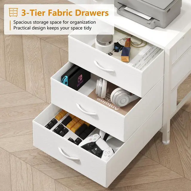 Alt view image 6 of 6 - Reversible Computer Desk with Hutch, Home Office Desk with Drawers and Bookshelf, 52'' Study Writing Desk with Storage Shelves for Bedroom Home Office, White