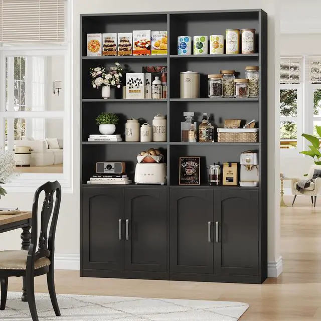 Alt view image 2 of 6 - Bookshelf and Bookcase with Doors, 6 Tier Double Wide Large Bookshelves, Open Display Shelves, 73'' Tall Bookshelf with Storage Cabinets for Home Office, Living Room, Library, Black